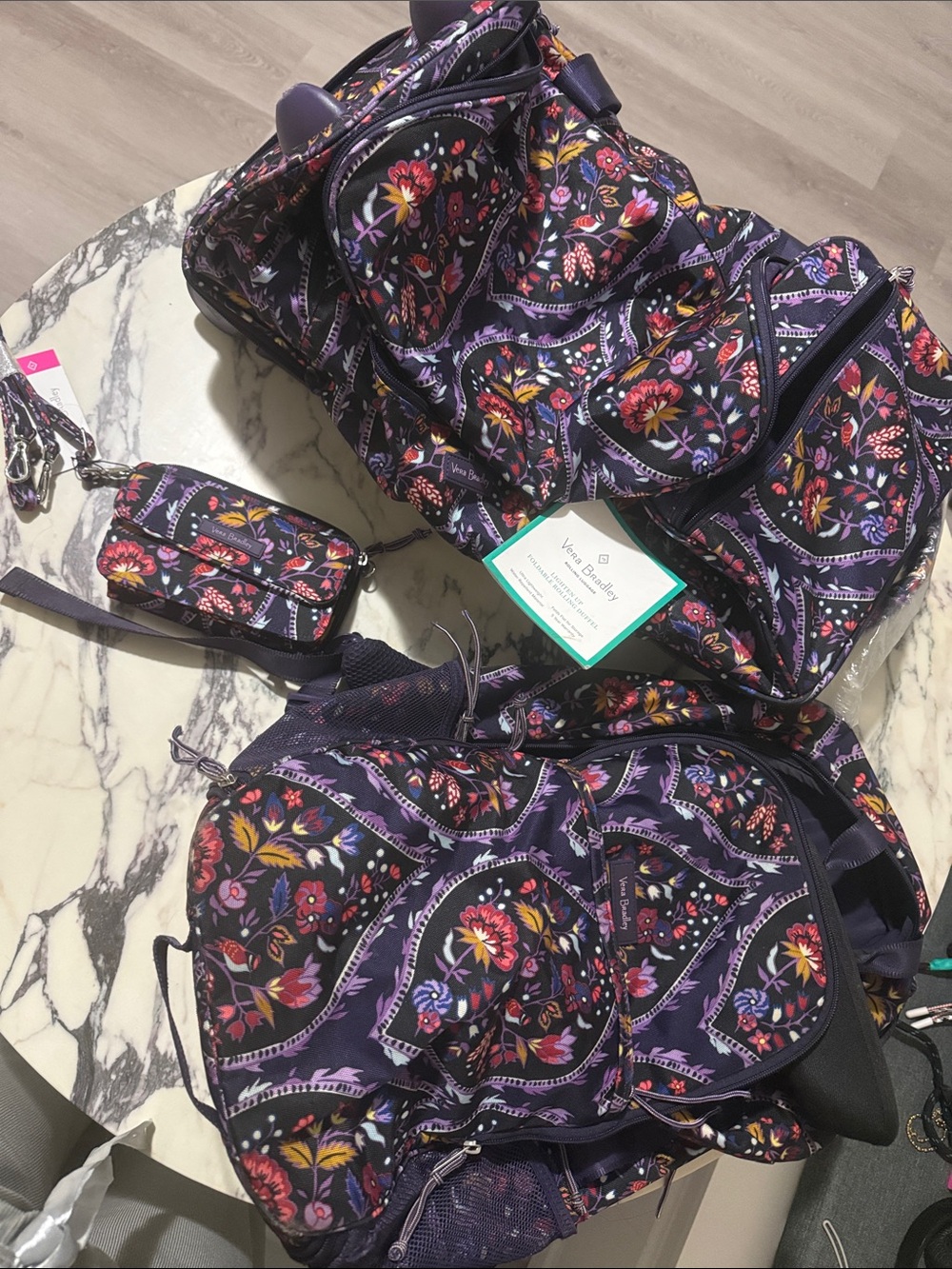Vera Bradley Purple Floral Travel Duffel & Crossbody & BackPack Set